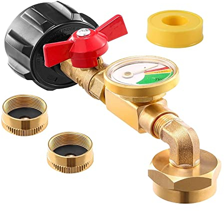 Hopbucan Brass Propane Tank Adapter with Propane Tank Gauge, 90 Degrees Refill Pressure Adapter with ON-Off Control Valve