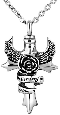 LSxAB In Loving Memory of Mom Dad Grandma Grandpa Cremation Urn Necklaces for Ashes Angel Wing Cross Family Memorial Keepsake Pendant to Hold Ashes