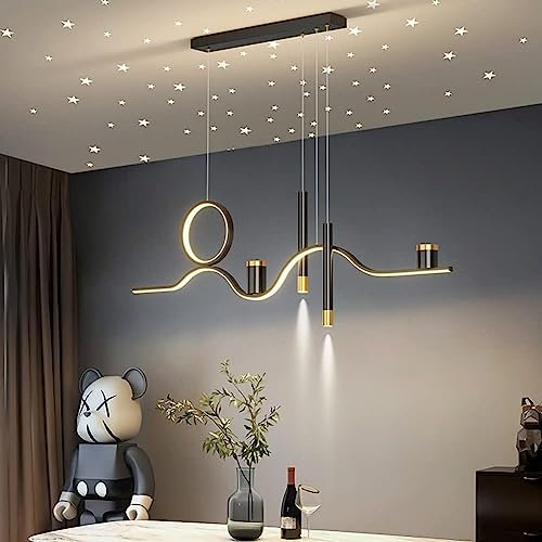 FWX LED Pendelleuchte Esstisch dekorativ Kronleuchter modern 35W Eisen Hängelampe dimmbar Höhe Licht mit Fernbedienung Küche Wohnzimmer Licht mit Mond Stern Projektion Beleuchtung(Color:Schwarz)