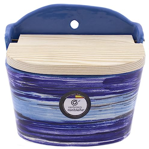 CERÁMICA RAMBLEÑA | Salero cocina | Salero con tapa de madera | Salero cerámica | Salero original | Decoración Arcoíris Azul - Modelo 12 | 100% Decorado a Mano | 14x10x12 cm