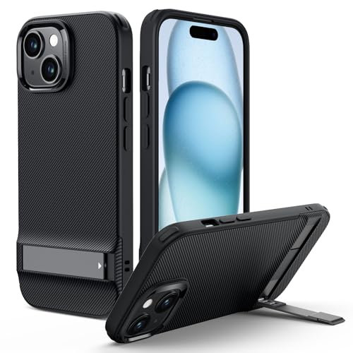 ESR for iPhone 15 Plus Case, Metal Kickstand Case, 3 Stand Modes, Military-Grade Drop Protection, Supports Wireless Charging, Slim Back Cover with Patented Kickstand, Boost Series, Black