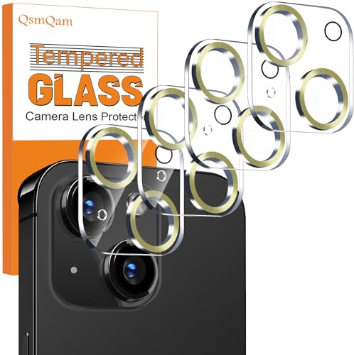 QsmQam 4 Stück, Kameraschutz für iPhone 15 6.1 Zoll/iPhone 15 Plus 6.7 Zoll, 9H Panzer Schutz Glas, Ultra Klar Kamera Schutzfolie, Anti-Kratzer, Einfach Installieren-Gold
