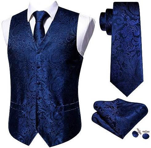 ZMIN Blaue Seidenweste mit Blumenmuster, schmale Anzugweste, Paisley-Krawatte, Taschentuch, Manschettenknöpfe, Krawattenweste GM-2092 XL