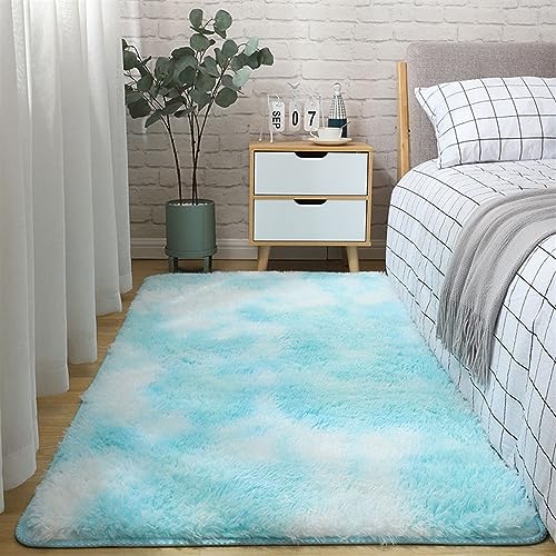 SK Studio Hochflor Teppich Wohnzimmer rutschfest Fellteppich Shaggy Flauschig Weich Modern Teppiche für Schlafzimmer Wohnkultur Hellblau, 80x160cm