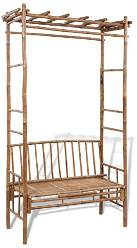 Gartenstuhlbank mit Pergola aus Bambusholz. Gesamtabmessungen: 130 x 50 x 220 cm (B x T x H). Außenbänke