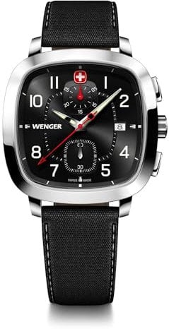 WENGER Herren Armbanduhr Vintage Sport Chrono Ø 40 mm, Swiss Made, Analog Quarz, Wasserdicht bis 50 m, Schwarz, 01.1933.108