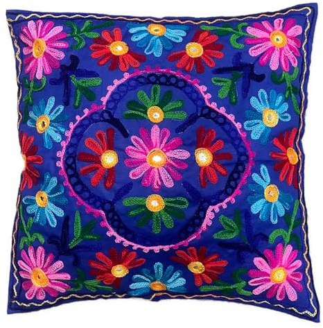 Original kikan Suzani Kissenbezug, mehrfarbig, bestickt, 40 x 40 cm, indisches Ethno-Motiv, Gelb