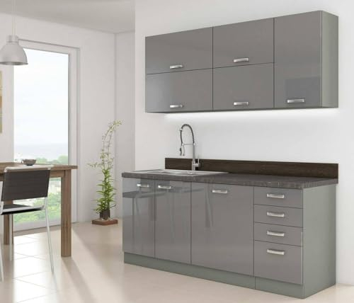 Küchenzeile Grey 180 cm Küchenblock 6-teilig Hochglanz Grau Unterschrank Hängeschrank Küchenmöbel Küche Küchenmodule Einbauküche Küchenunterschrank Wandschrank Spülenschrank mit 28mm Arbeitsplatte
