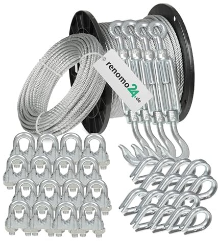 Renomo24 Drahtseil Set 6 - Stahlseil 5m 5mm 6x7 verzinkt, 4x Spannschloss Haken/Öse, 16x Bügelklemmen, 16x Kauschen