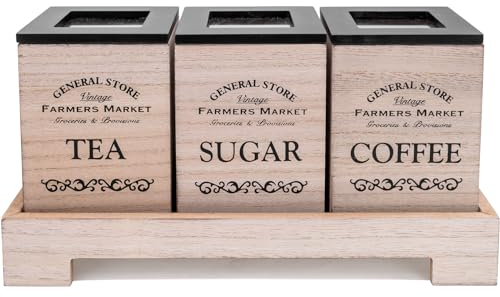 Maison Des Cadeaux Vintage Wooden Tea, Coffee & Sugar Jars with Easy-Open Lids, Kitchen Storage Container Set (TZ1)