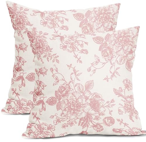 Lot de 2 housses de coussin décoratives vintage à motif floral rose et crème 55 x 55 cm, taies d'oreiller en coton et lin pour canapé, lit, chaise, décoration d'intérieur