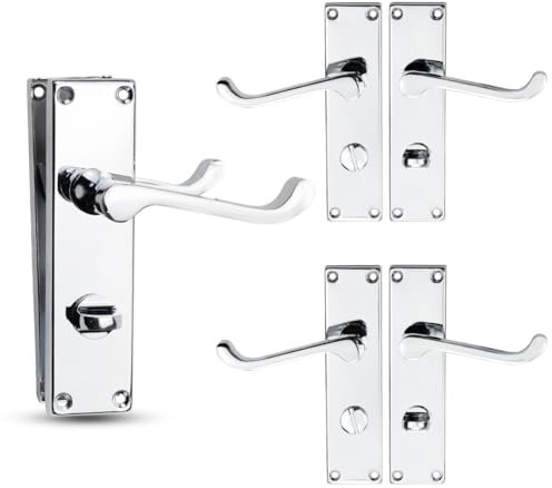 Bwintech 3 Sets Polished Chrome Victorian Lever on Plate, Latch Furniture, Backplate Door Handles, with Bathroom knob, Suitable for Wooden Doors