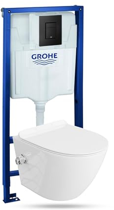 LAVITA Vorwandelement Solido + Wand Hänge WC Salto Weiß Spülrandlos + WC Sitz mit Absenkautomatik Schwarzer Knopf Komplettset Unterputz Spülkasten Toilette Komplett Sett WC