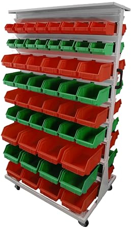 LEOMAR Werkstattregal, Zweiseitig mit 104 Stapelboxen, Mobil & Gebrauchsfertig, Regal für Werkstätten & Produktionsfirmen, Lagersystem mit Sichtlagerkästen, 67 x 94 x 156 cm, Rot & Grün