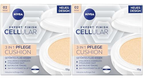 NIVEA Cellular Expert Finish 3in1 Pflege Cushion für mittlere Hauttöne (15 g), Make-up mit Hyaluron, Kollagen-Booster und LSF 15, feuchtigkeitsspendende Cushion Foundation (Packung mit 2)
