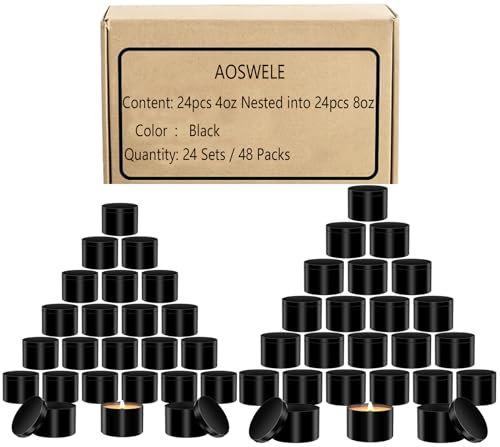 AOSWELE Lot de 48 pots à bougies en vrac, 24 pièces de 113,4 g et 24 pièces de 226,8 g, vides noir mat de qualité supérieure avec couvercles, pour la fabrication de bougies, kit de fournitures de