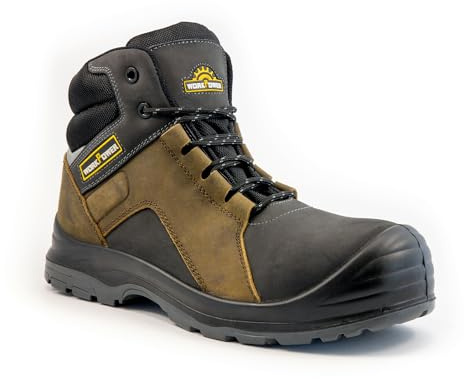 WORKPOWER – Sicherheitsstiefel S3 Maurice für Herren – Sicherheitsschuhe mit metallfreiem Durchtrittschutz & Kunststoffkappe – verfügbar in den Größen 43 (Grau/Braun)