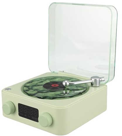 3-in-1-BT-Lautsprecher, Multifunktionaler Kleiner Kabelloser Stereo-Lautsprecher mit Nachtlicht und Zeitanzeige, Plattenspieler-Stil, Radio, Sound-White-Noise-Maschine (Green)