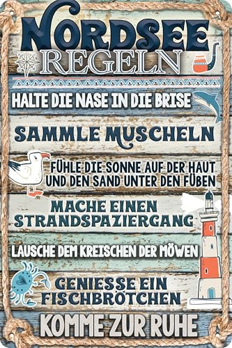 Wetterfestes 20 x 30 cm Blechschild, Strandschild, Meer, Sonne, Sommer Deko Strand Schild (Nordsee Regeln)