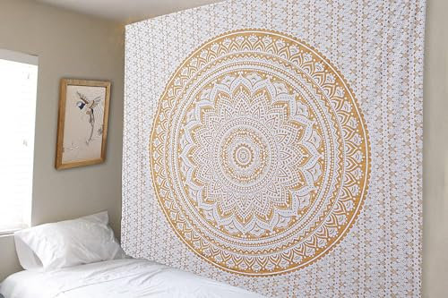 FURNISHFUL FINESSE Mandala Wandteppich Golden Wandbehang Wandteppiche Boho Ombre Wandtuch für Dekor Zuhause und Wohnzimmer– 213 x 228 cm