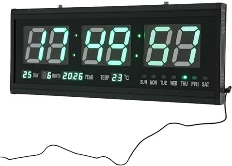 Digitale Wanduhr Kalender, Wandfunkuhr mit Temperatur und Luftfeuchtigkeit, 12/24 Hr LED Wanduhr, Elektronischer Kalender für Wohnzimmer Schlafzimmer Büro Schule Garage Lagerhaus, Schwarz