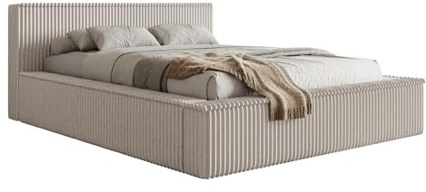 Selsey Polsterbett 160 x 200 cm Doppelbett Gepolstertes Bett Bettgestell Mit Stauraum Und Kopfteil Weicher Cord Stoff Grau-Beige Affolio