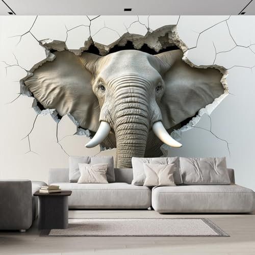 Fototapete Die Mauer Durchbrechen Tiere 3D Effekt 450×315cm,Elefant Foto Tapete Wohnzimmer Schlafzimmer Flur Modern Wand Dekoration Tapete Wandtapete