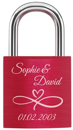 mtb more energy Graviertes Liebesschloss, frei gestaltbar mit vielen Farben, Motiven & Schriftarten - personalisiertes Liebes-Schloss Vorhängeschloss - individuelles Pärchen-Geschenk - Rot