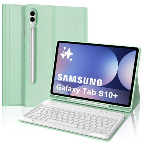 Für Samsung Galaxy Tab S10 Plus/S9FE+/S9 Plus 12.4 Zoll Hülle Tastatur | Mit Magnetisch Abnehmbarer Bluetooth Dünne Tastatur und Soft TPU Hülle mit Stifthalter für Büro/Studie/Schreiben, Hellgrün