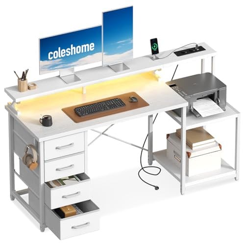 Coleshome Scrivania con 4 Cassetti in Tessuto, Scrivanie PC con Supporto per Monitor e Luci LED, Scrivania Gaming Reversibile con Presa di Corrente, Scrivanie Ufficio in Casa, Bianco, 140x48cm