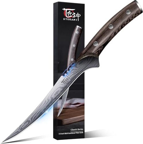 SYOKAMI Fillet Knife, Razor Sharp 7.2 Inch Boning Knife, High Carbon Stainless Steel Filet Knives with High Flexibility, Wooden Handle, Full Tang Damascus Pattern Fishing Knives, Ideal Gift