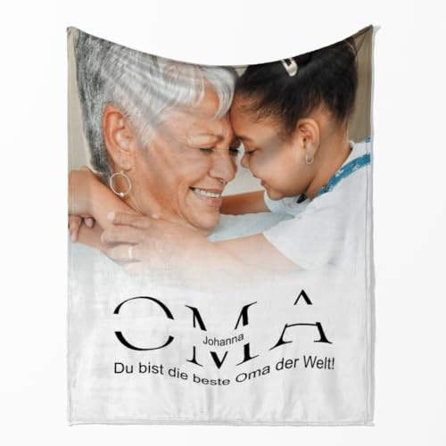 Kuscheldecke Oma 125 x 155 cm - mit Foto und 2 Texten personalisierbar - Fotodecke selbst gestalten - Geschenkidee Muttertag, Geburtstag OMA White