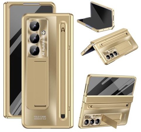 ZQYFCDZ Hülle für Samsung Galaxy Z Fold 7, Ständer und Stiftfach, Gold | Integrierte Schutzfolie, Scharnierschutz, Kameraschutz, 360° Rundumschutz, PC-Material mit Fingerabdruckschutz
