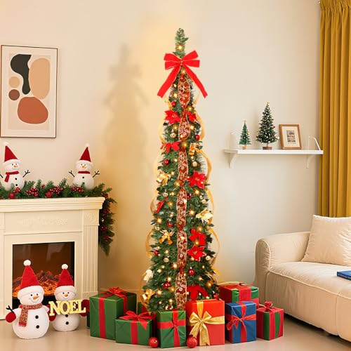 Alupssuc 6FT Pop Up Pencil Christmas Tree with Lights, Pre Lit Slim Tree with 100 Warm White & Multi-Color Lights, 9 Light Modes, with Xmas Balls, Bows and Flowers Decorations, Easy Assembly