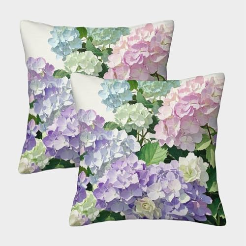 WXLWHR Hortensie Kissenbezug 2er Set Bunte Hortensie Kissenhülle Polyester Sitzkissen Bezug Für Sofa Schlafzimmer Couch Outdoor Deko 45x45cm