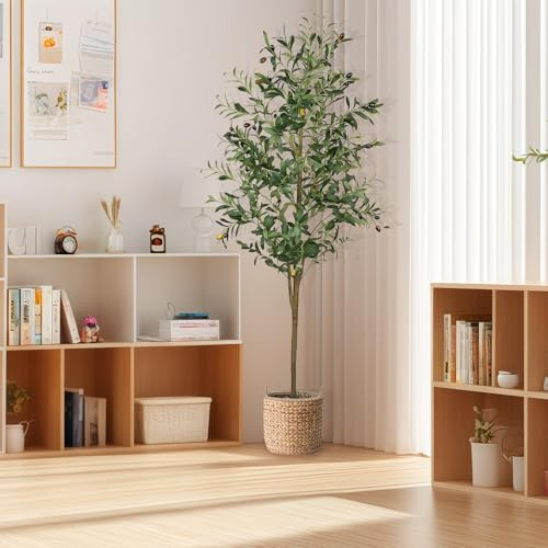 180CM Artificial Tree, Artificial Olive Tree 6FT Tall Faux Silk Plant, Indoor Fake Tree Fake Potted with Realistic Lush Green Leaves, Lifelike Olive Plant for Home Office Decor Indoor