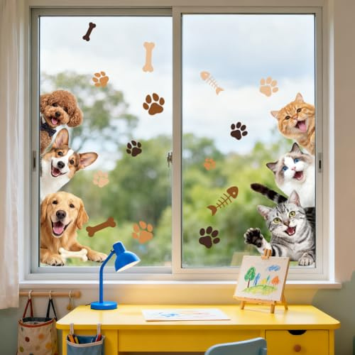 ANATTASOUL Katze und Pfotenabdrücke Fensterbilder for Frühling Sommer | Doppelseitig Blickdichter Badezimmer Fensterbilder Kinderzimmer Wiederverwendbare Fensterbilder Frühling for Winter Herbst