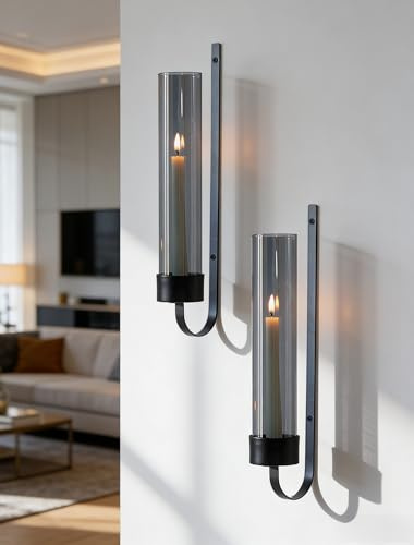 Sziqiqi Wandkerzenhalter Schwarz mit Rauchglas, 2er-Set für Stabkerzen | Moderner Kerzenhalter Wand aus Metall, Einfache Montage, Montagezubehör Inklusive, für Wanddeko, Wohnzimmer, Kamin, Flur