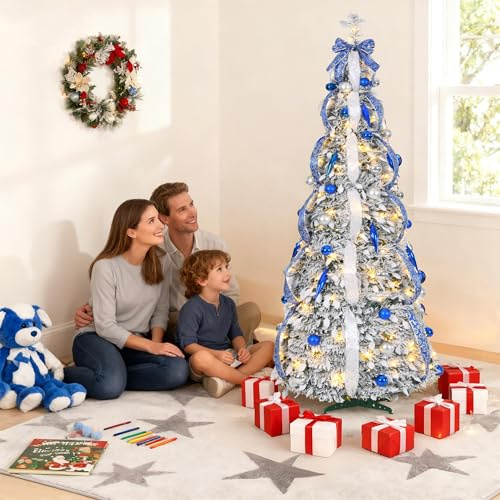 UISEBRT Albero di Natale Pop-Up Artificiale con Illuminazione, Nastro, Fiocco, Pieghevole Albero di Natale con 8 Modalità di Illuminazione, IP44 Impermeabile per Interno Esterno Decorazione, 150 cm