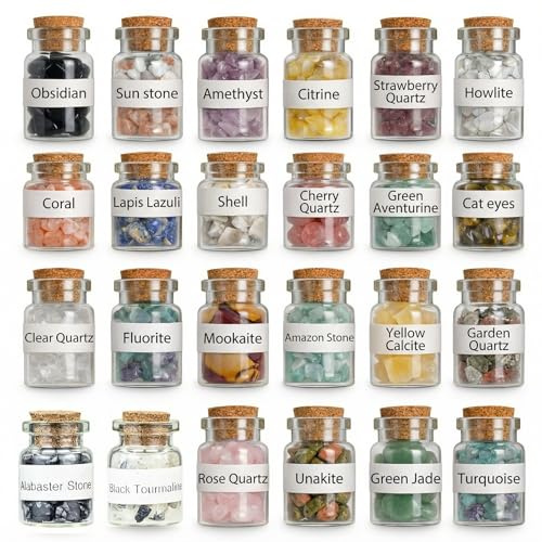 SIMDAO 24Pcs Mini Crystals Gemstone Bottles Set, Healing Crystal Tumbled Stones Collection Kit Natural Quartz Gravel Wishing Bottle, Reiki, Healing, Meditation, DIY Decorations