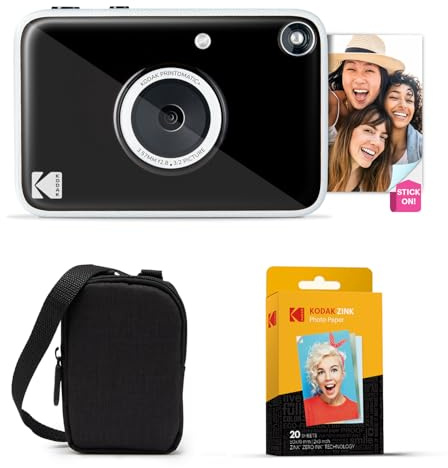 KODAK Printomatic+ Instant Print Digital Camera Starter Bundle + Carrying Case + Zink 20pk Sticky-Back Photo Paper - 10MP, Full-Color Photos, GB LED Status Indicator - Black