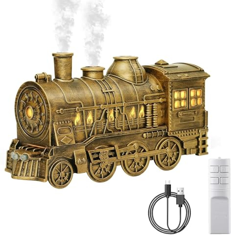 Steam Train Humidifier with Remote, 300ml Ultrasonic Aroma Diffuser with 4 Color Lights, 2/8H Timer, Auto-Off, for Bedroom, Office, Christmas/Nursery/Men/Women Gifts (Bronze)