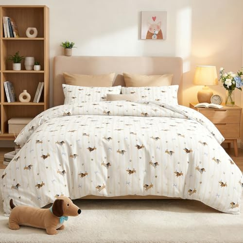Nayoroom Bettwäsche 140x200 Braun Dackel Bettbezug mit Kissenbezug 70x90 | ÖKO-TEX, Microfaser, Beige Gestreift, Bettwäsche-Sets mit Reißverschluss, 2teilig