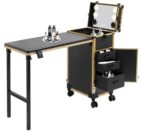 Mqwdxzfes Professioneller Schminkkoffer mit Klappbarer Tisch, Rollender Friseurkoffer mit Spiegel & 3 Schubladen, Kosmetikkoffer Trolley, Freistehend Kosmetik Organizer (Schwarz, Gold)