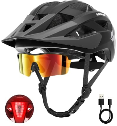 InnerKing Fahrradhelm Set mit Fahrradbrille & LED Licht für Herren Damen | Leichte Fahrradhelm mit USB-Aufladung LED Licht, MTB Helm Radhelm Cityhelm