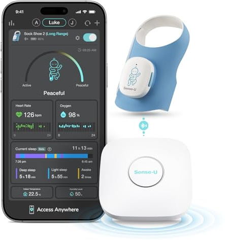 Sense-U Smart Sock Shoe 2 Monitor de bebé de largo alcance con estación base - Rastrea la frecuencia cardíaca y el sueño con sensor de pie PPG transmisivo, para 1-18 meses