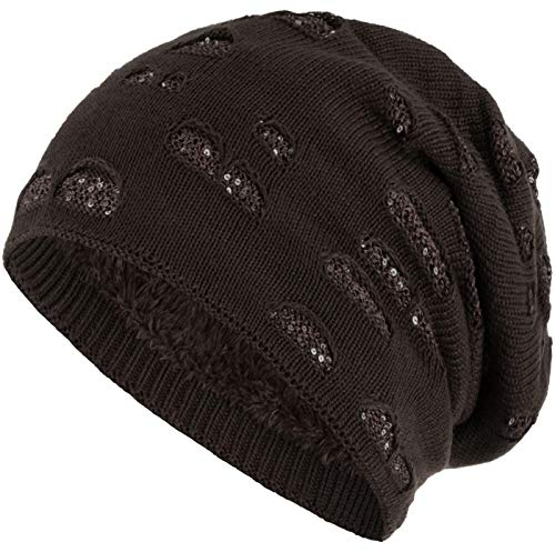 Compagno Mütze Damen Wintermütze mit Pailletten warm gefütterte Beanie Strickmütze Hat Haube Einheitsgröße, Farbe:Braun