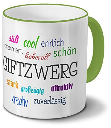 printplanet Tasse mit Namen Giftzwerg - Motiv Positive Eigenschaften - Namenstasse, Kaffeebecher, Mug, Becher, Kaffeetasse - Farbe Grün