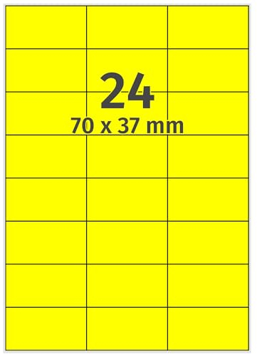 Farbige Etiketten auf A4 Bogen, neongelb - 70 x 37 mm - 2.400 Papier Aufkleber auf 100 Blatt, selbstklebende Laser-Etiketten fluorisierend leuchtfarbig