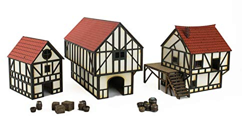 War World Gaming Medieval Town - Casa de Ciudad, Campo y Granero Medievales con Accesorios en Resina (Pintada/Sin Pintar) – 28mm Wargaming Maquetas Dioramas